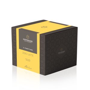 Verpackung Panettone laktosefrei: schwarze Schachtel mit gelber Manschette