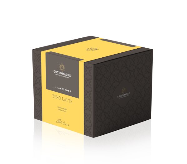 Verpackung Panettone laktosefrei: schwarze Schachtel mit gelber Manschette